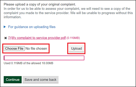 Image showing how to select files and upload to your complaint