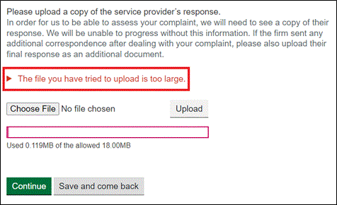 Image showing indicator when individual file is too large to be uploaded with the complaint