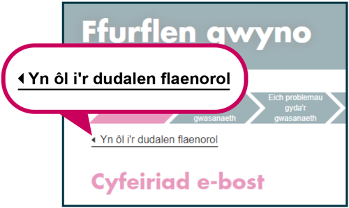 Delwedd yn dangos y ddolen 'Yn ôl i'r dudalen flaenorol'
