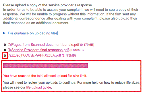 Image showing indicator when combined files is too large to be uploaded with the complaint