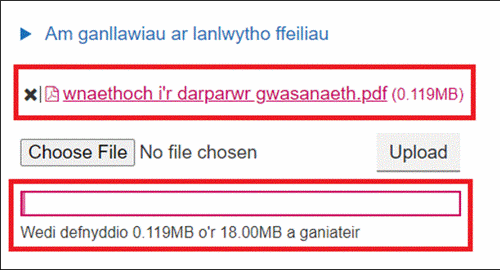 Wrth i ddogfennau gael eu lanlwytho bydd y ffurflen yn nodi faint o le a ddefnyddiwyd yn ôl y terfyn 18 MB a ganiateir